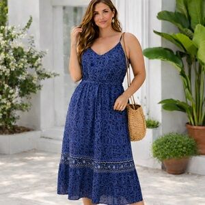 GAP Blue Floral Midi Dress | Spaghetti Straps | Tie Waist | Size XL